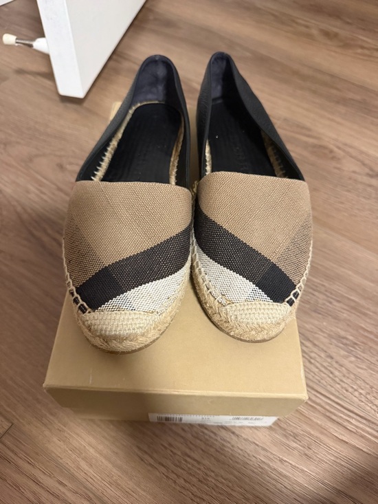 Burberry Shoes - Burberry Tan, Black & Cream Canvas Espadrille Flats